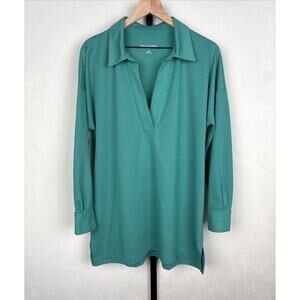 Soft Surroundings Collared V-Neck Tunic Top L Teal Green Relaxed Stitched Trim